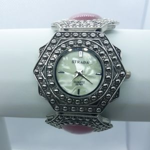Strada Pink Cats Eye Silvertone Watch